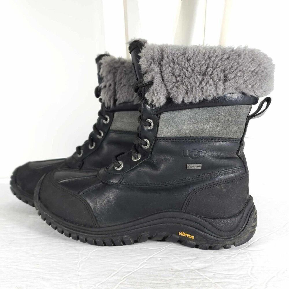 UGG Women's Adirondack Il US7 Black Leather Sheepskin Lace Up Winter Boots - Picture 2 of 12